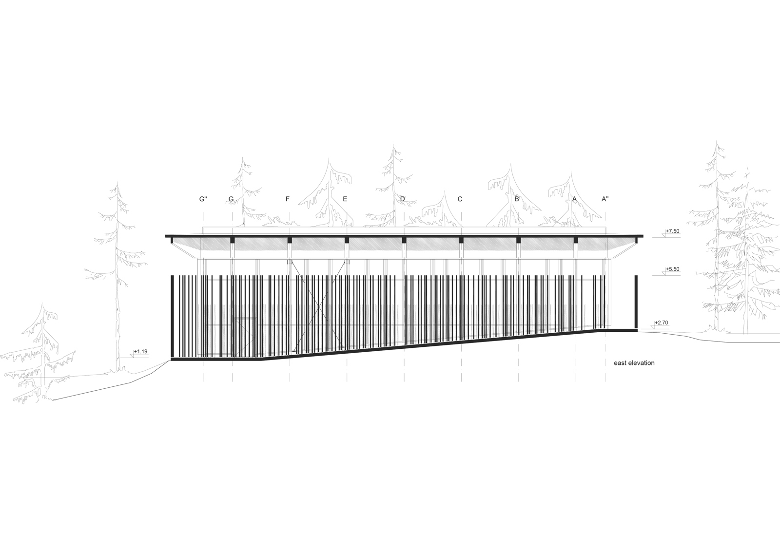 Øst fasade av Hegnhuset. Arkitekt tegning.