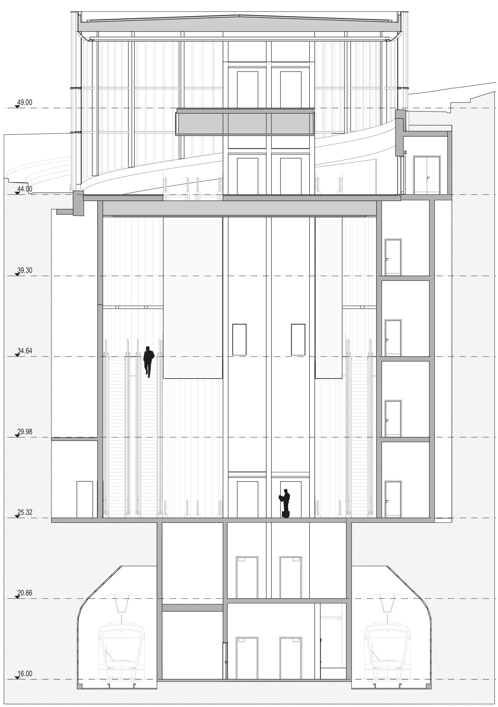 Snitt av sjakt med trapper og heiser til T-bane stasjon. Arkitekt tegning.