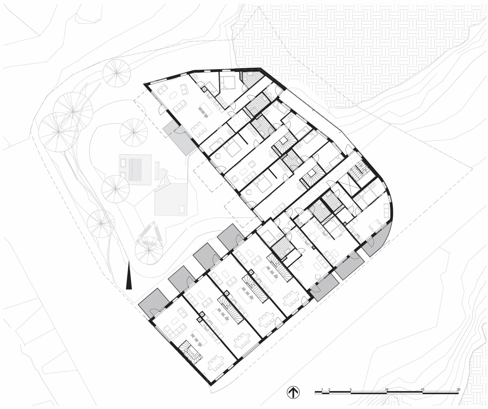 Plan av boligkompleks. Arkitekt tegning.