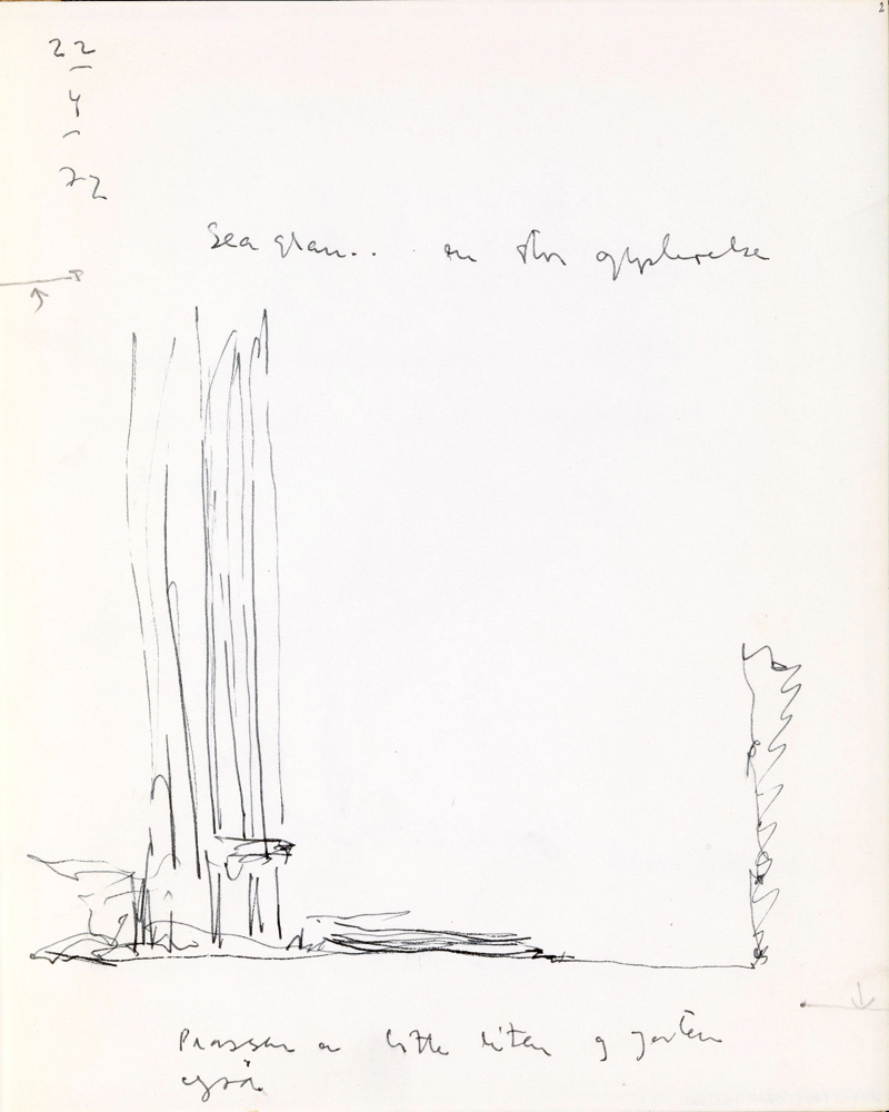 Skannet av side i skissebok med tekst og tegning.