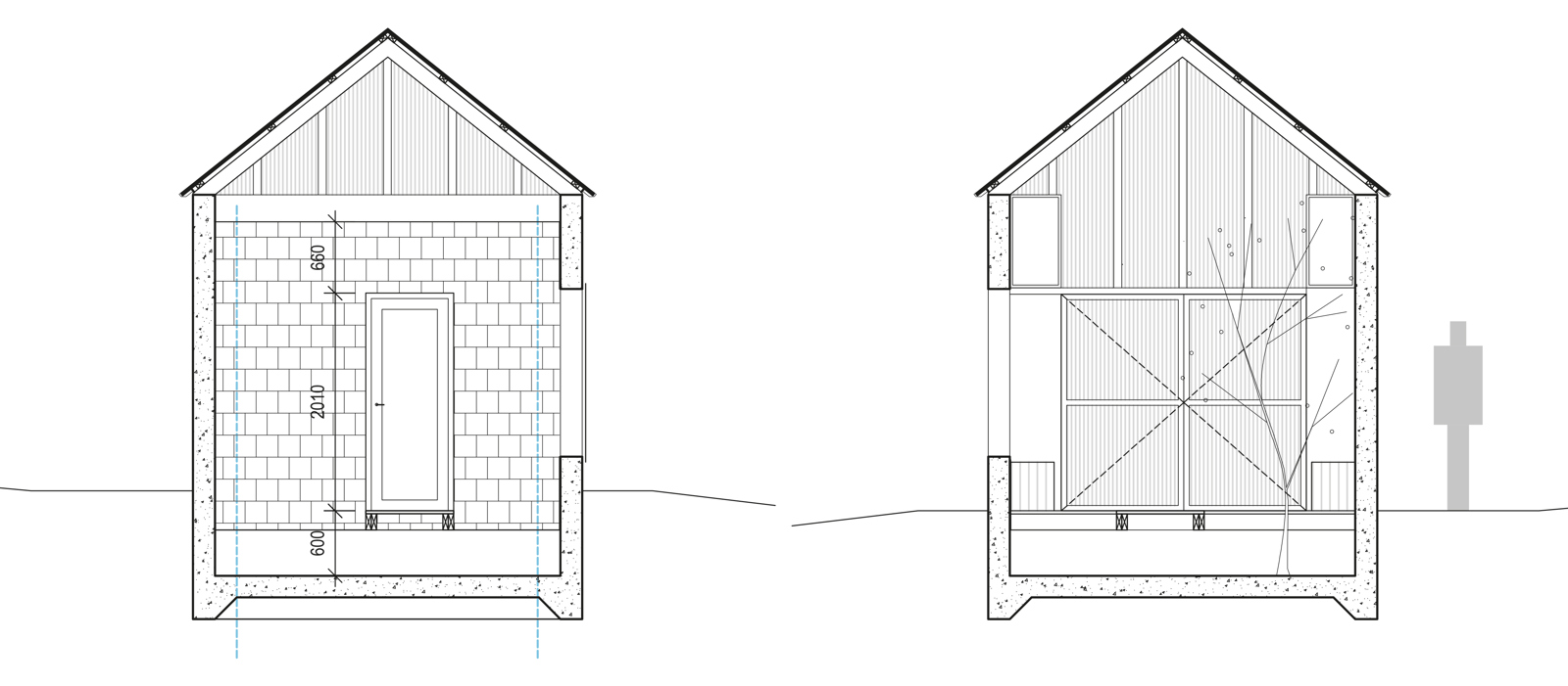 Snitt gjennom kortsiden av badstue. Arkitekt tegning.