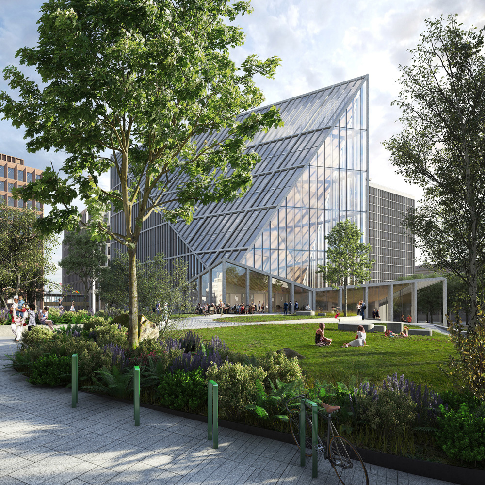 Nytt regjeringskvartal i mye glass, med park fremfor. Illustrasjon.