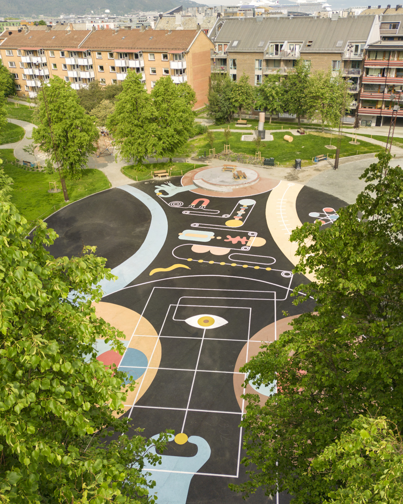 Drone foto som ser ned på Buranbanen aktivitetspark, mange ulike materialiteter på bakken, ulike soner og hus som omslutter parken.