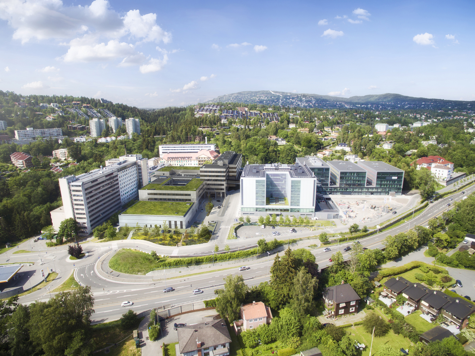 Oversiktsillustrasjon av klinikk- og protonbygget ved Radiumhospitalet.