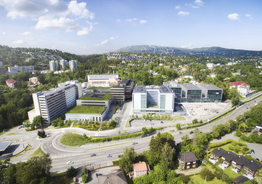 Oversiktsillustrasjon av klinikk- og protonbygget ved Radiumhospitalet.