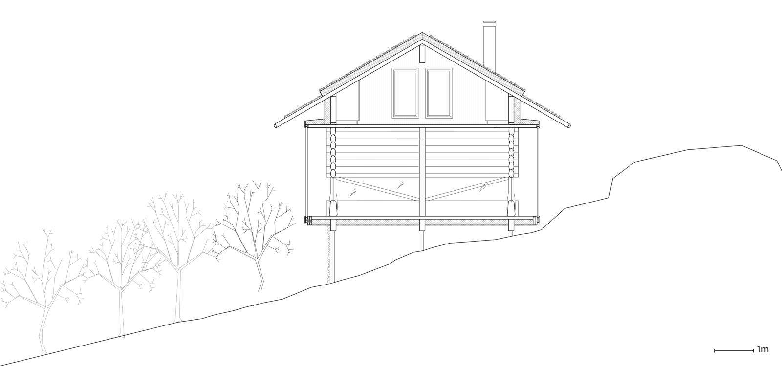 Snitt gjennom hytte, soverom del, arkitekt tegning.