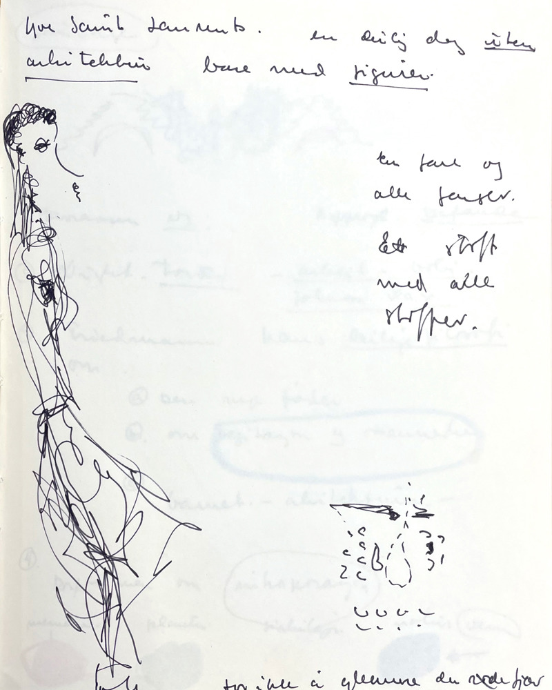 Skannet av side i skissebok med tekst og tegning.