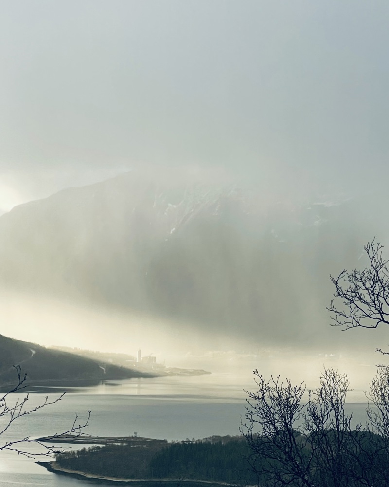 Fotografi av naturen på Sortland som viser høye fjell i bakgrunnen og havet i forgrunnen. 