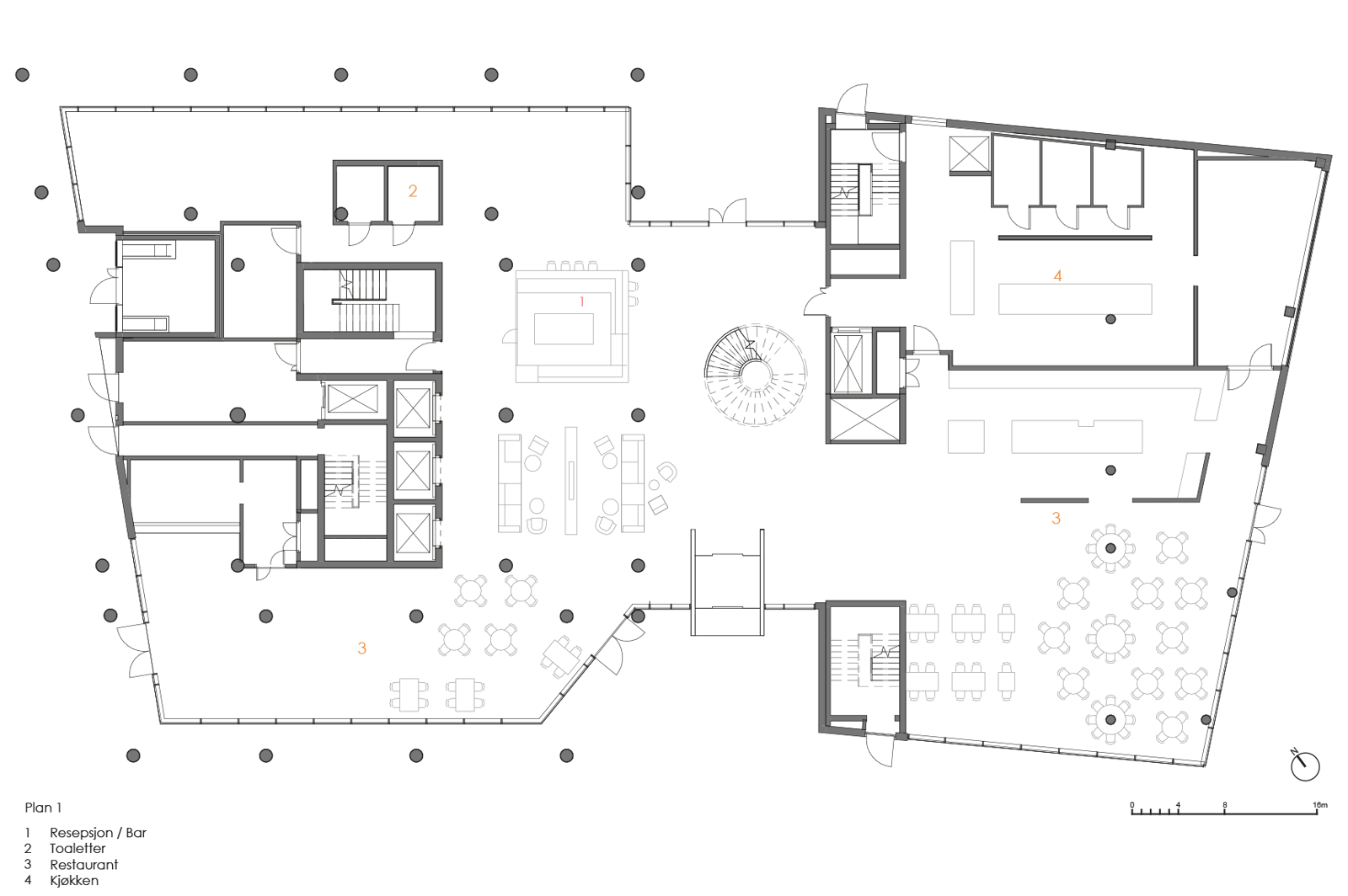 Plan av første etasje på hotell. Foto.