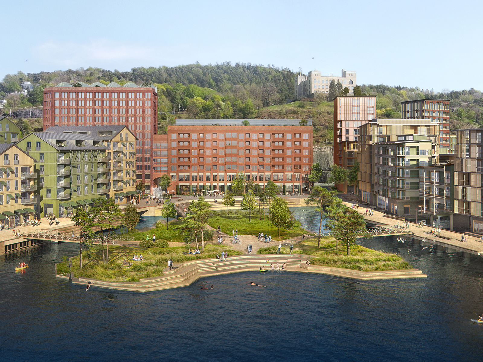 Illustrasjon som viser ny bydel langs vannkanten. Arkitekt rendering.