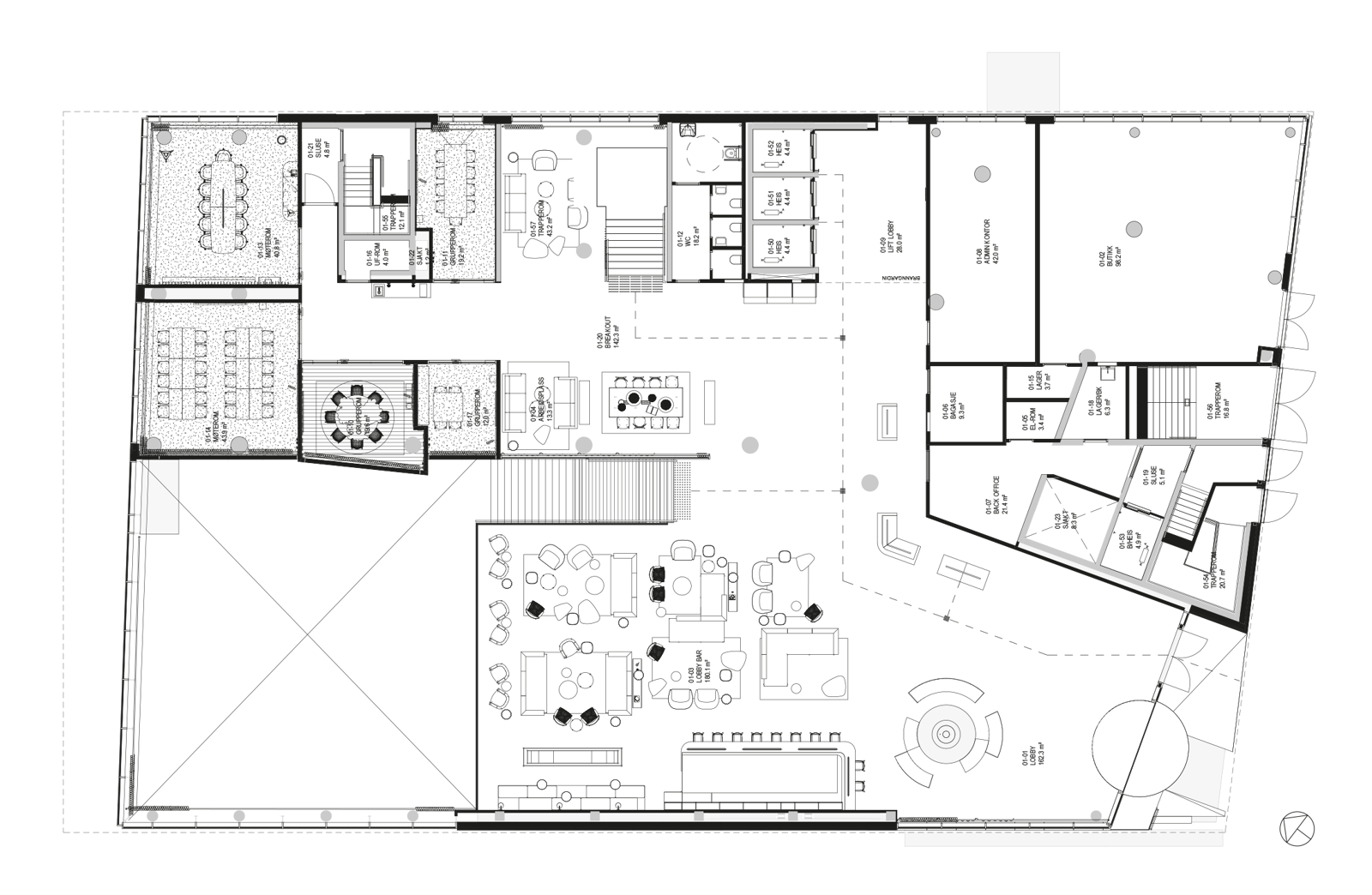 Plan over Lobby i hotell. Teknisk tegning.